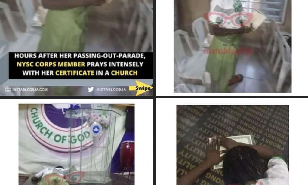 NYSC corp member seen praying with her certificate