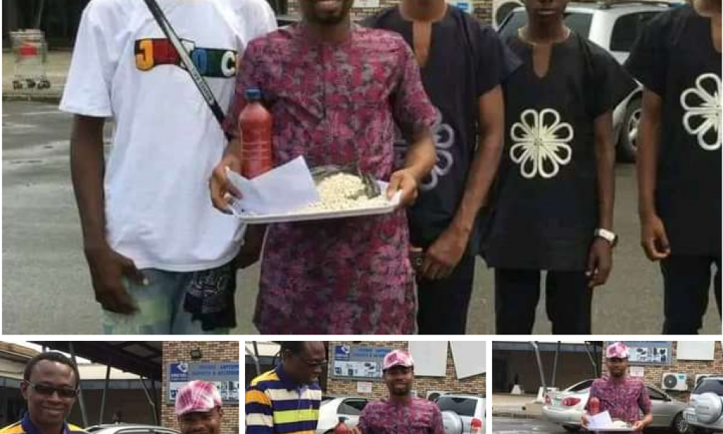 Secondary school teacher awarded with 9 cups of beans, two tubers of yam and a bottle of palm oil