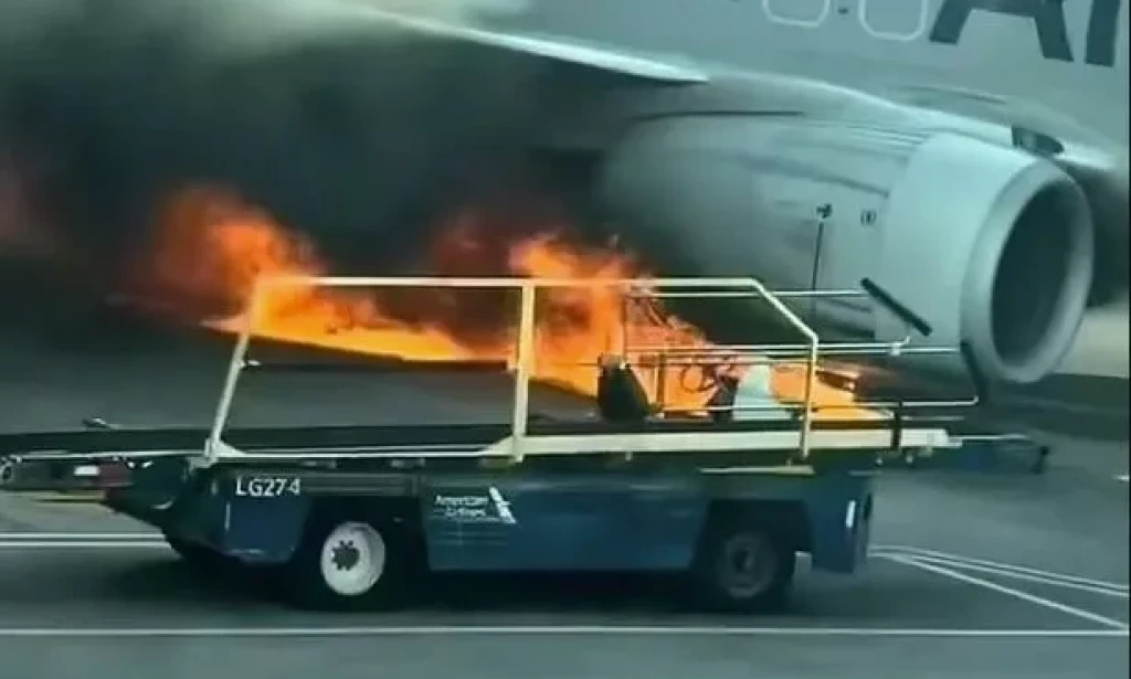 America Airline flight engulfed in flames as passengers flee through it wing