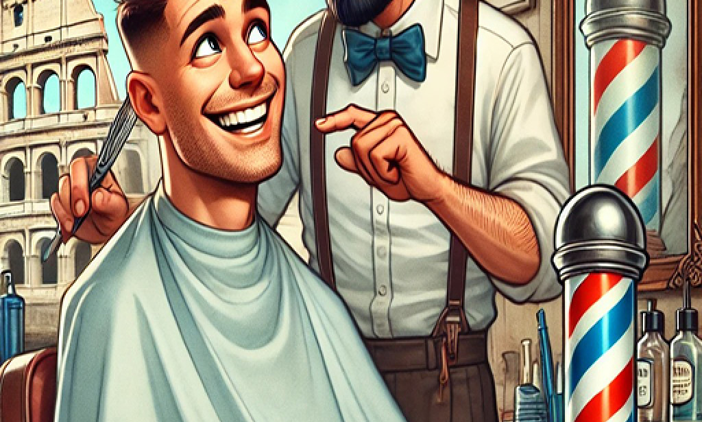 A man was getting a haircut before his trip to Rome.