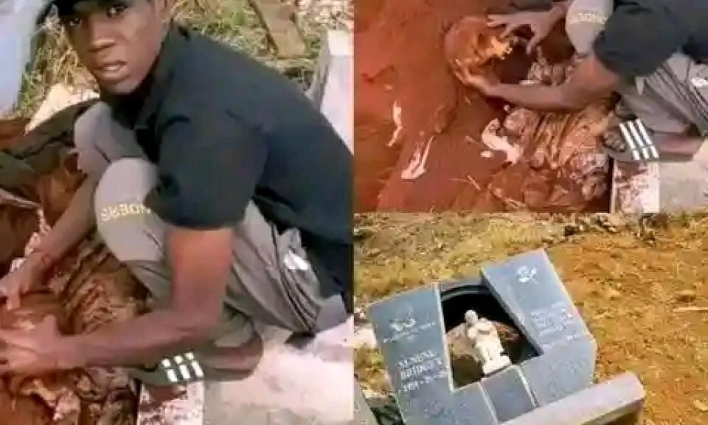 Zimbabwe youth Voight digging up his father's grave to smoke his bones.