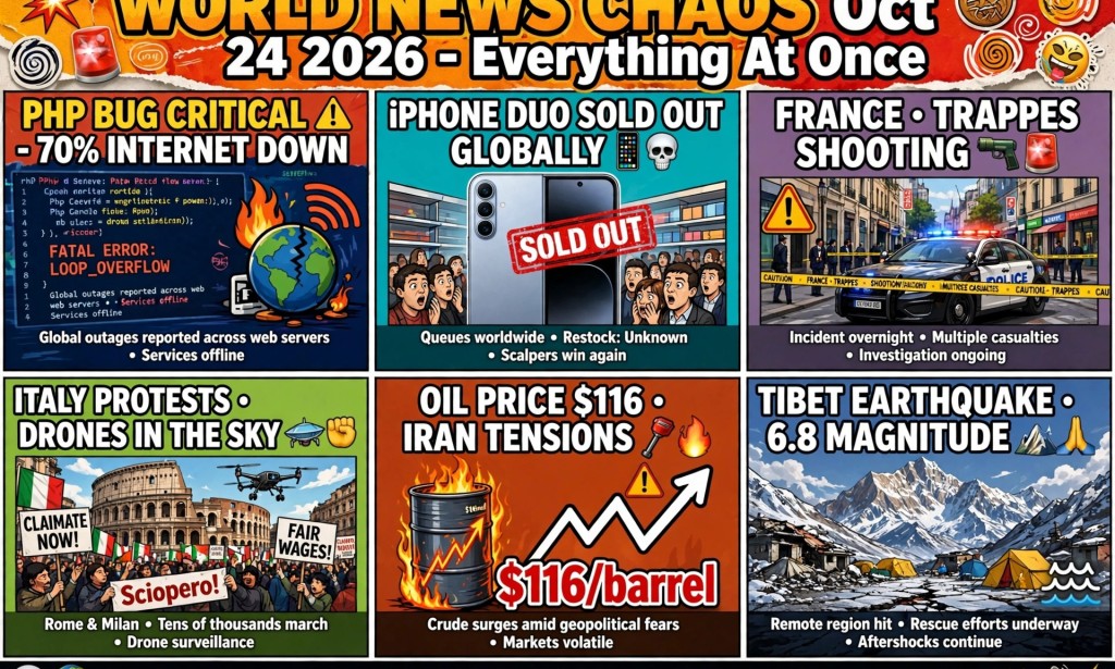 World News Chaos Oct 24, 2026: PHP Bug Takes 70% Internet Offline, iPhone Duo Sold Out Globally, France Shooting, Italy Protests With Drones